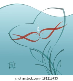 Vector love background with two kissing fishes.