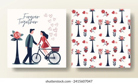 Vektorgrafik liebt Hintergründe mit verliebten Paaren. Valentinstag Konzept Poster in flachem Stil. Liebesmuster, Grußkarte