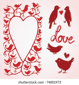 vector love birds heart frame and icons
