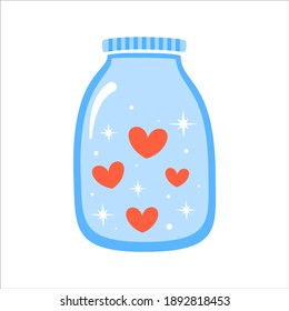 Vector Love bottle with hearts inside isolated on white background. Red hearts and blue jar with magic stars. Clip art for Valentine's Day.