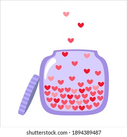 Vector Love bottle with hearts inside isolated on white background. Red hearts and blue jar with magic stars. Clip art for Valentine's Day.