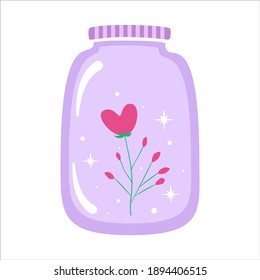 Vector love bottle with plant in the shape of a heart inside, isolated on white background. Green sprout in a violet bottle with twinkling stars. Illustration for Valentine's Day.