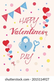 Vector love card with color hearts, blue lock and key. Happy Valentines day.