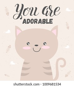 Vector love card of cute cet. Poster with adorable objects on texture background, pastel colors. Valentine's day, anniversary, save the date, baby shower, bridal, birthday
