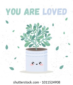 Vector love card of cute house plant in flower pot. Poster with adorable objects on taxture background, pastel colors. Valentine's day, anniversary, save the date, baby shower, bridal, birthday
