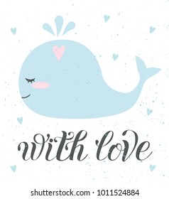 Vector love card of cute whale. Poster with adorable objects on texture background, pastel colors. Valentine's day, anniversary, save the date, baby shower, bridal, birthday
