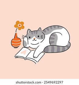 Vector love card design. Cute cat reads book. Greeting card design for Valentines day. Education concept. Funny cat isolated on pink background.