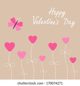 Vector love card. Heart flowers. Butterfly. Happy Valentines Day card.  Vector illustration