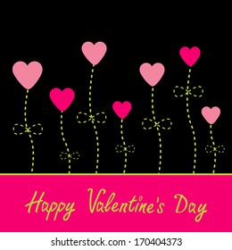 Vector love card. Heart flowers. Black, pink and green. Happy Valentines Day card.  Vector illustration