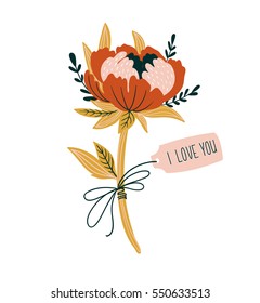 Vector love card with peony and tag 'I love you'. Vector hand drawn element for valentine's day.