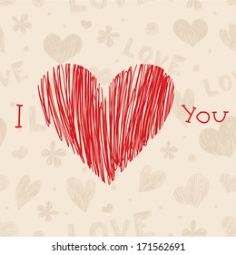 Vector love card. Red sketch heart on light background. Ideal for Valentines day card.