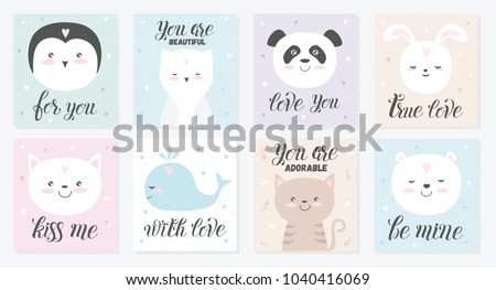 Vector love cards of cute animals. Poster with adorable objects on texture background, pastel colors. Valentine's day, anniversary, save the date, baby shower, bridal, birthday