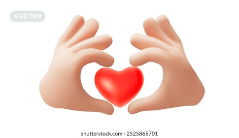 Vector amor y cuidado ilustración de la mano del gesto sostener el corazón rojo sobre fondo blanco. Diseño romántico del estilo 3D de la mano blanca de la piel del hombre da corazón para el Anuncio del cuidado de la salud, tarjeta del día de San Valentín, cartel