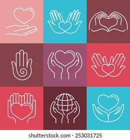 Vector love and care round emblems in linear style - hand made and charity - icons for non-profit organizations