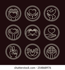 Vector love and care round emblems in linear style - hand made and charity - icons for non-profit organizations