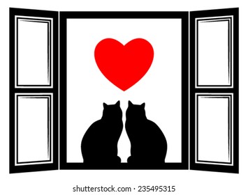 vector love cats in the window isolated on white background