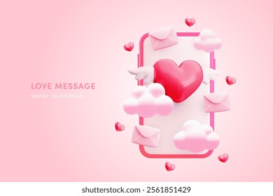 Vector love chat 3d banner. Realistic cartoon 3d smartphone and love red heart with wings, clouds, email on pink. Valentine's day greeting background, dating app, love message wallpaper.