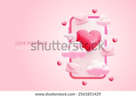 Vector love chat 3d banner. Realistic cartoon 3d smartphone and love red heart with wings, clouds, email on pink. Valentine's day greeting background, dating app, love message wallpaper.