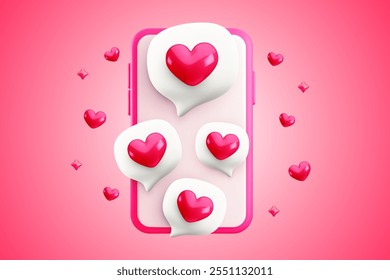 Vetor amor bate-papo 3d ilustração smartphone rosa e amor balões de fala com corações vermelhos. Realista cartoon 3d Dia dos namorados saudação fundo, namoro símbolo do aplicativo, amam mensagem modelo banner.