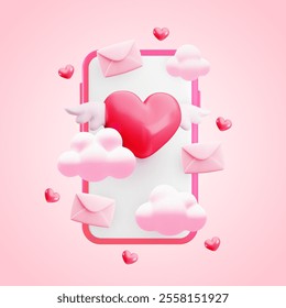 Vector love chat 3d illustration smartphone and love red heart with wings, clouds, email on pink. Realistic cartoon 3d Valentine's day greeting background, dating app, love message banner template.