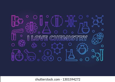 Vector I Love Chemistry concept outline colorful horizontal banner or illustration on dark background