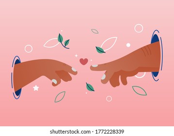 Concepto de amor vectorial. Las manos con piel oscura se atraen entre sí para ganar el amor, a pesar de las enormes distancias. El poder del amor que ayuda a permanecer juntos para siempre. Se puede usar para tarjetas de vacaciones. Día de San Valentín