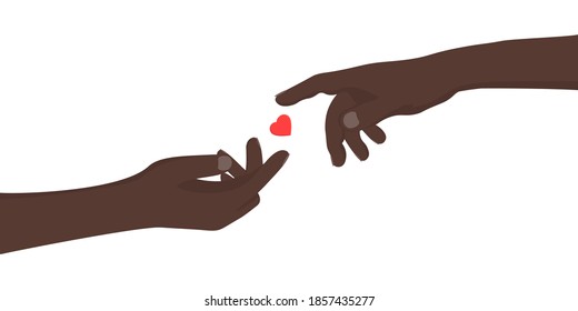 Vector love concept. Hands with dark skin are drawn to each other to win love, despite huge distances. Vector illustration eps 10