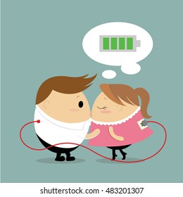 Vector of love couple recharge the battery by kissing.