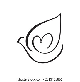 Vector Love dove with heart logo design template icon. pigeon carrying heart in doodle style. line art bird.