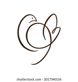 Vector Love Dove With Heart Logo Design Template Icon. Pigeon Carrying Heart In Doodle Style. Line Art Bird.