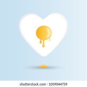 Vector I love eggs, good morning concept. One fried sunny-side up hen or chicken egg with a orange or yellow yolk in the center of white protein heart. World Egg Day or Easter holiday card