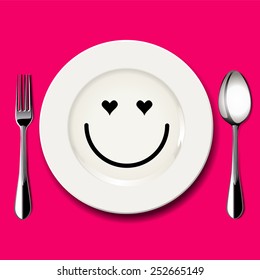 Vector of love face draw on white plate with spoon and fork on pink background