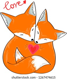 Vector love fox. Fox with love. For St. Valentine's Day. Couple animals in love. Сup print. T-shirt print.