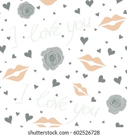 Vector love handmade backdrop in neutral, gray and beige colors. Seamless pattern with stylized love, hearts, flower on a white background. Valentines day design.