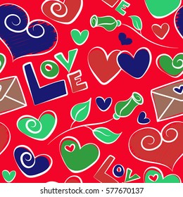 Vector love handmade backdrop in orange, green and red colors. Seamless pattern with stylized love, hearts and rose flower. Valentines day design.