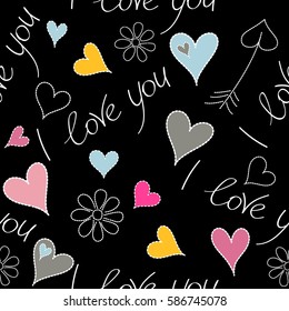 Vector love handmade backdrop in pink and yellow colors. Seamless pattern with stylized love, hearts, flower on a black background. Valentines day design.