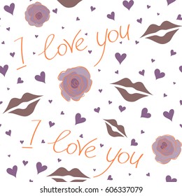 Vector love handmade backdrop in purple, orange and neutral colors. Seamless pattern with stylized love, hearts, flower on a white background. Valentines day design.