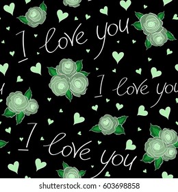 Vector love handmade backdrop in white and neutral colors. Seamless pattern with stylized love, hearts, flower on a black background. Valentines day design.