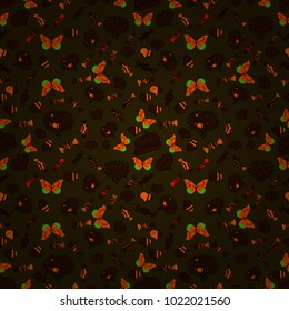 Vector. Love and happy designs. Nice hearts love on brown, black and orange colors on cute background. Seamless colorful boho pop art style. Summer style illustration with cute elements.