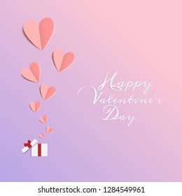 vector of love and Happy Valentines day. origami design elements cut paper made open gift box with heart float up to sky. paper art and digital craft style.