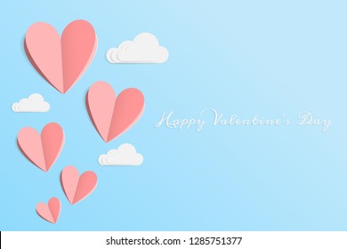 vector of love and Happy Valentine's day. origami design elements cut paper made pink heart float up on the blue sky with white cloud. paper art and digital craft style. Happy Valentines greeting card