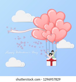vector of love and Happy Valentine's day. hot air balloon flying with love couple inside basket and heart float on cloudy sky.  Valentine greeting card