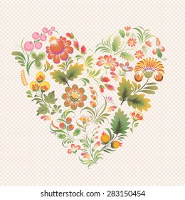 Vektorillustration liebt das Herz im Volksstil (ukrainische Volkskunst).  Weich gefärbte Blumen auf hellem Hintergrund. Kann für Verpackungen, Einladungen, Valentinstag, Dekoration etc. verwendet werden.