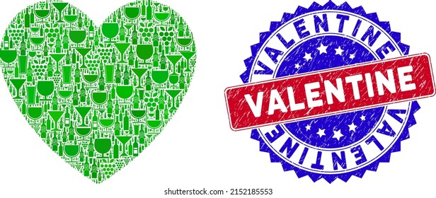 Vector love heart icon wine collage and grunge bicolor Valentine seal stamp. Red and blue bicolored stamp with grunge texture and Valentine word. Love heart mosaic icon designed with wine glasses,