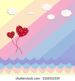 Vector love hearts concept. cute heart shaped balloon and cloud on pastel color background. Valentine's day template or background for Love and Valentine's day concept