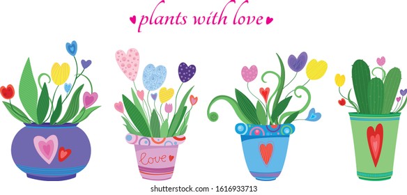 Vector Love heats. Love plants in a home pot. Valentine's Day Gift. Home plants grown in love.
