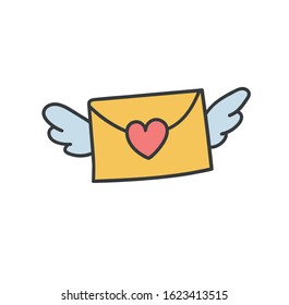 Vector love icon envelope with heart and wings.  Romantic Letter in doodle minimalism style.