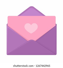 Sobre de Vector de lila con icono de amor. En el sobre hay una tarjeta con un corazón. Ilustración de una letra en estilo plano.