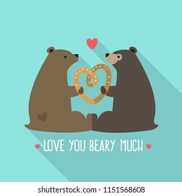 Vector love icon of a pair of bears. In the illustration, the bears keep the heart. Text: I love you beary much