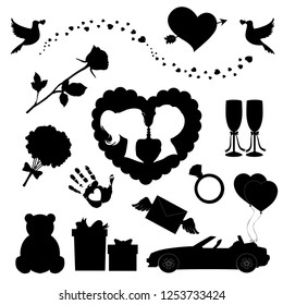 Vector love icons set of 14 editable filled valentine silhouette signs. Teddy bear, heart, balloons, arrow heart, rose, kissing couple, just married car, balloons, ring, open palm, glasses doves